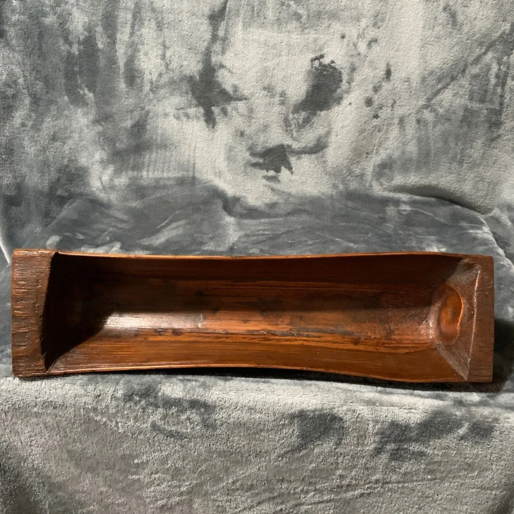 Hand Carved Wooden Dough Bowl Brown Rustic Farmhouse Curved Rectangular Cottage